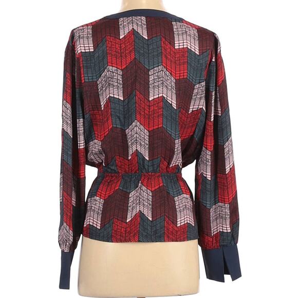 New BCBGMaxAzria Small Silky Wrap Peplum Blouse Top Geo Chevron Print Red Teal - Picture 10 of 12